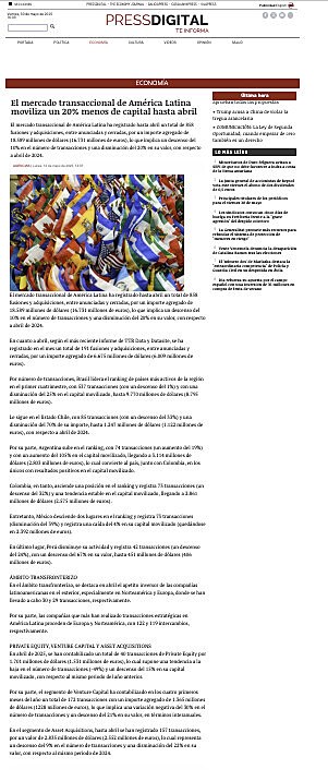 El mercado transaccional de Amrica Latina moviliza un 20% menos de capital hasta abril